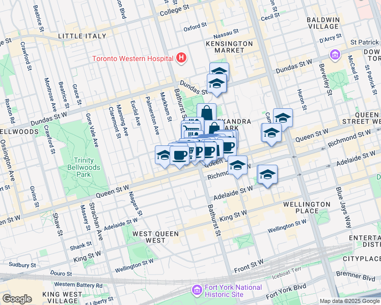 map of restaurants, bars, coffee shops, grocery stores, and more near in Toronto