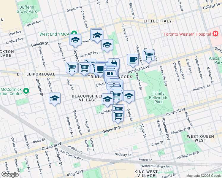 map of restaurants, bars, coffee shops, grocery stores, and more near in Toronto