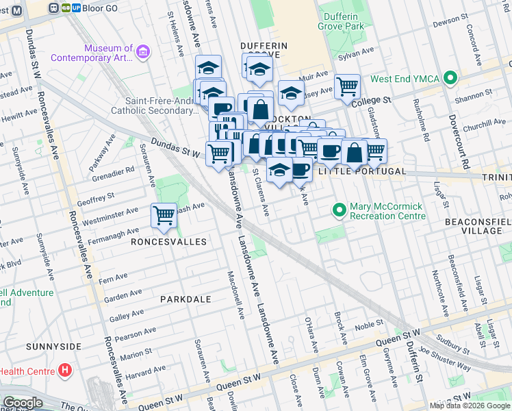 map of restaurants, bars, coffee shops, grocery stores, and more near 44 Shirley Street in Toronto