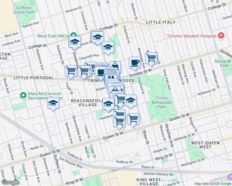map of restaurants, bars, coffee shops, grocery stores, and more near 55 Halton Street in Toronto