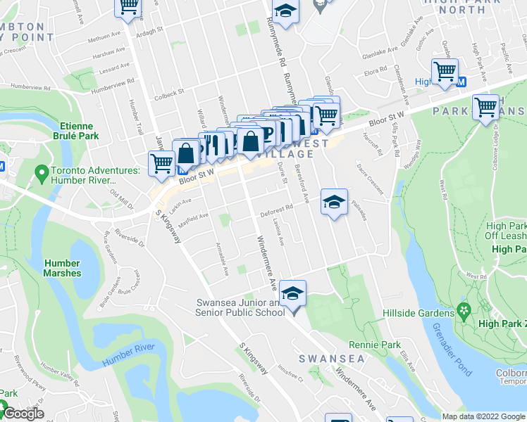 map of restaurants, bars, coffee shops, grocery stores, and more near 98 Deforest Road in Toronto