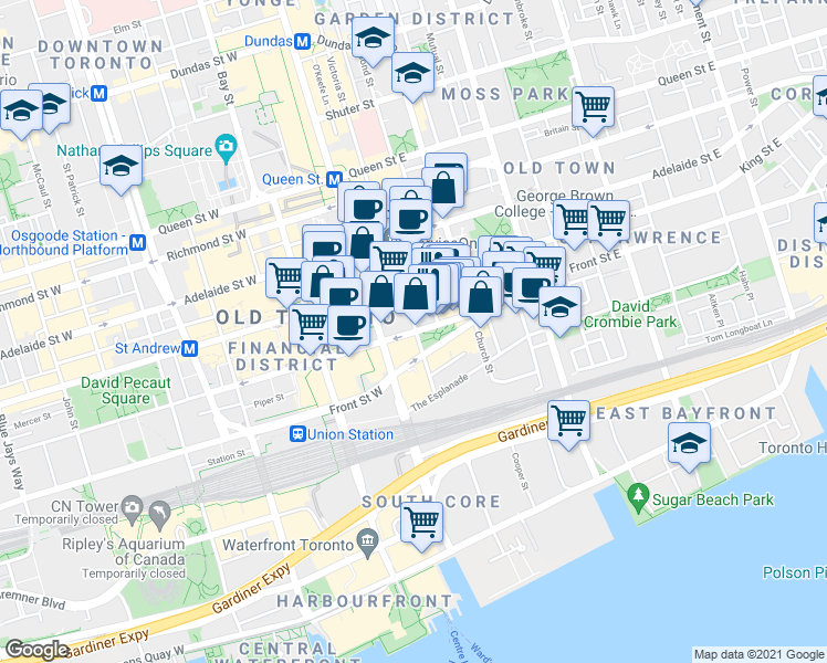 map of restaurants, bars, coffee shops, grocery stores, and more near 88 Scott Street in Toronto