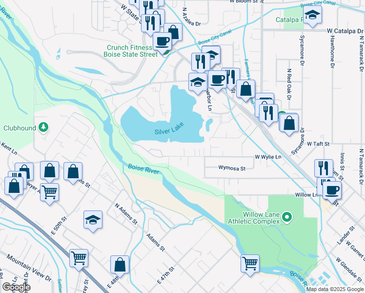 map of restaurants, bars, coffee shops, grocery stores, and more near 5308 Wylie Lane in Boise