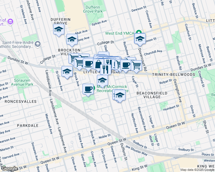 map of restaurants, bars, coffee shops, grocery stores, and more near 569 Dufferin Street in Toronto