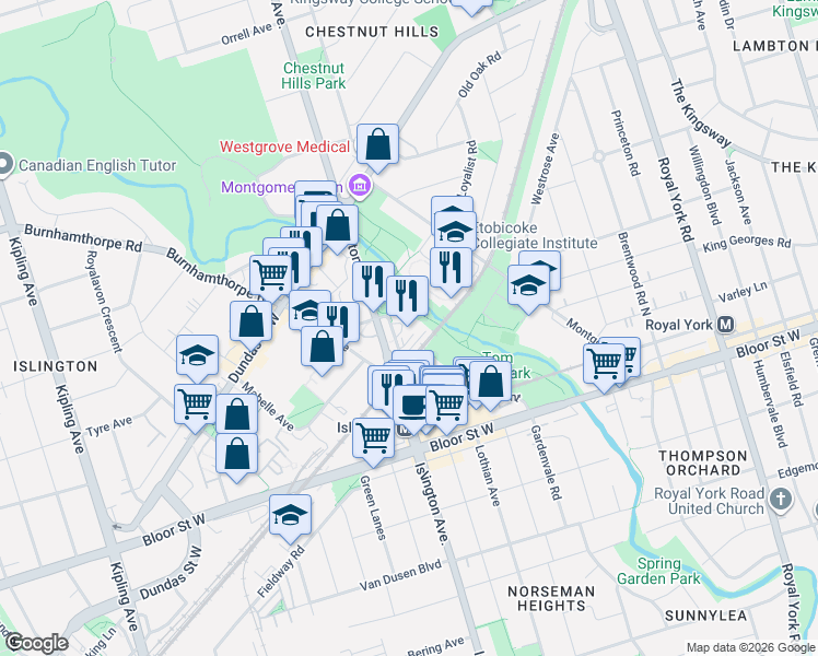 map of restaurants, bars, coffee shops, grocery stores, and more near 90 Cordova Avenue in Toronto