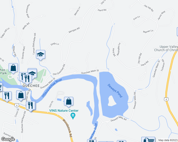 map of restaurants, bars, coffee shops, grocery stores, and more near 694 Quechee Main Street in Hartford