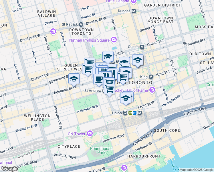 map of restaurants, bars, coffee shops, grocery stores, and more near 150 King Street West in Toronto