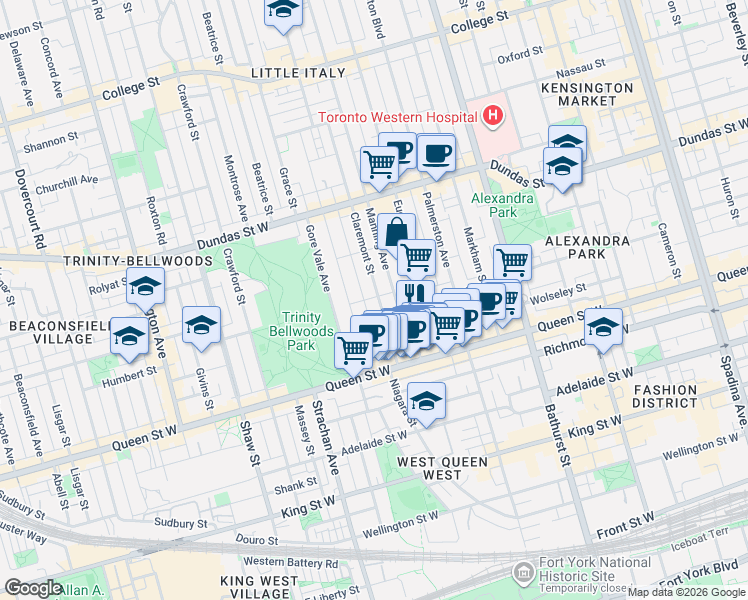 map of restaurants, bars, coffee shops, grocery stores, and more near 62 Claremont Street in Toronto