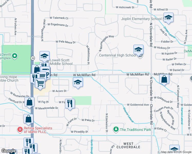 map of restaurants, bars, coffee shops, grocery stores, and more near 12889 West Goldenbrook Court in Boise