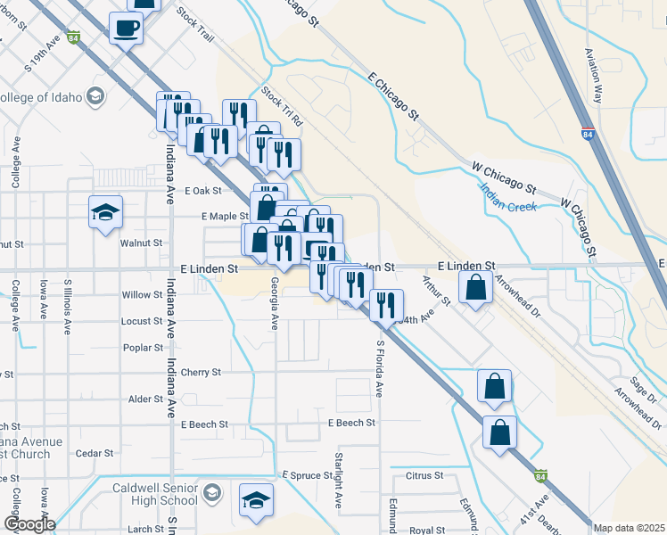 map of restaurants, bars, coffee shops, grocery stores, and more near 2772 East Linden Street in Caldwell