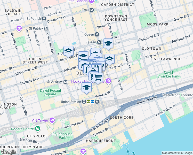 map of restaurants, bars, coffee shops, grocery stores, and more near 199 Bay Street in Toronto