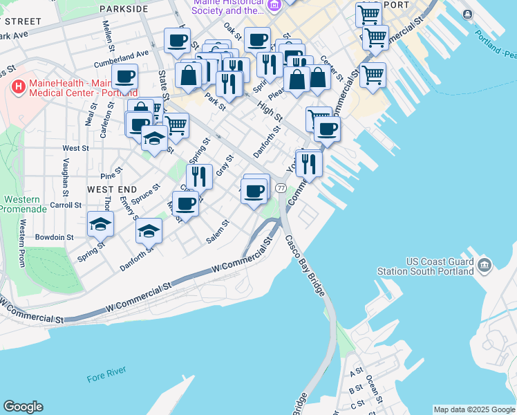 map of restaurants, bars, coffee shops, grocery stores, and more near 227 York Street in Portland