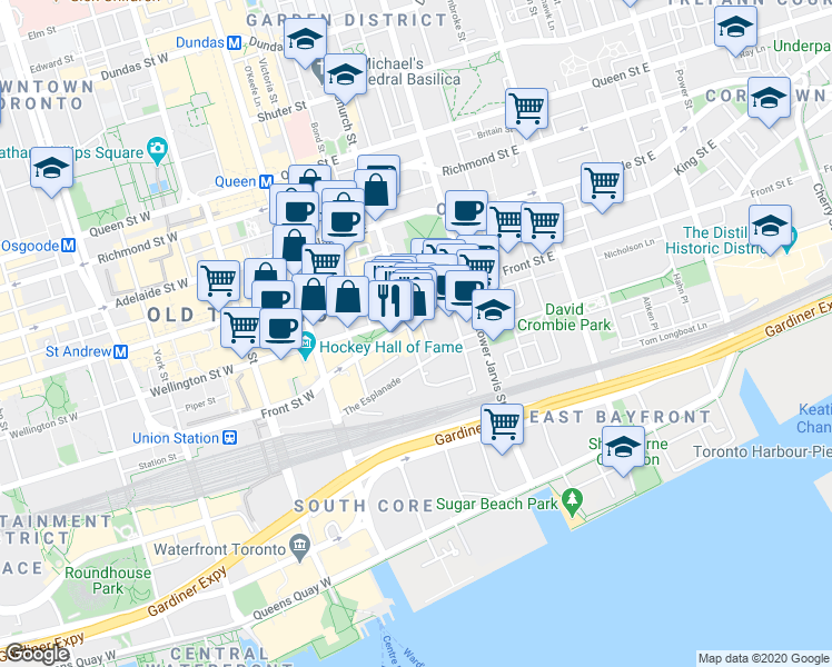 map of restaurants, bars, coffee shops, grocery stores, and more near 19 Church Street in Toronto