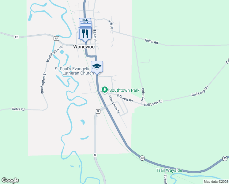 map of restaurants, bars, coffee shops, grocery stores, and more near 207 Wisconsin Street in Wonewoc