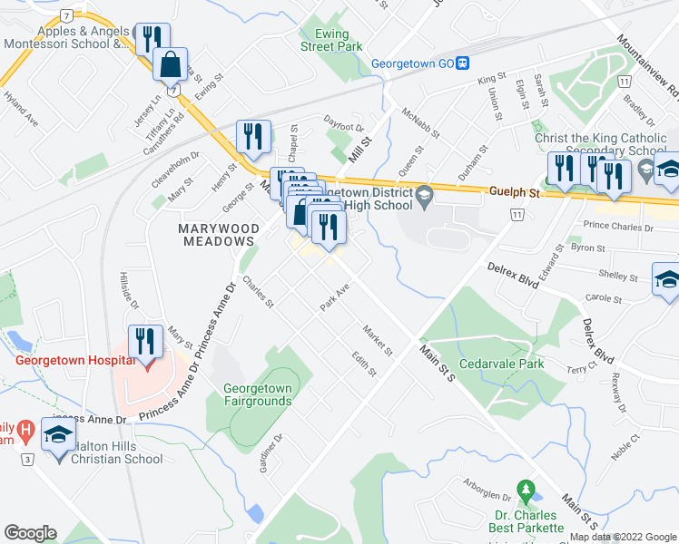 map of restaurants, bars, coffee shops, grocery stores, and more near 126 Main Street South in Halton Hills