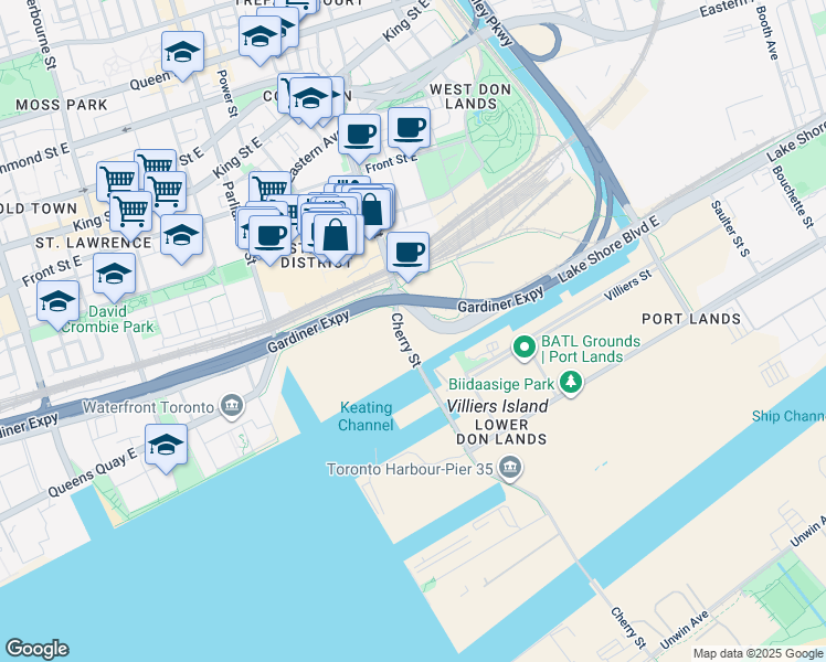 map of restaurants, bars, coffee shops, grocery stores, and more near 324 Cherry Street in Toronto