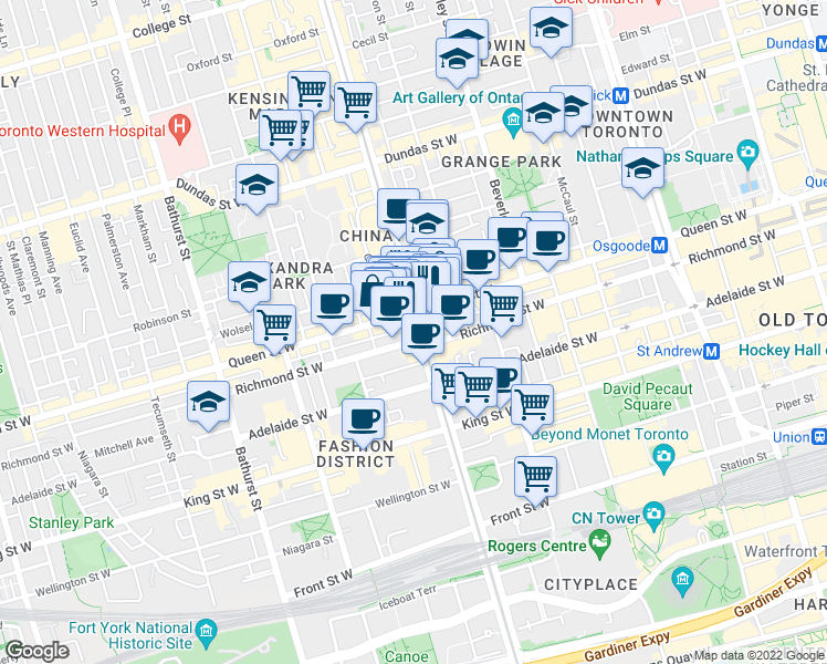 map of restaurants, bars, coffee shops, grocery stores, and more near 148 Spadina Avenue in Toronto