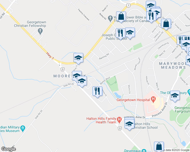 map of restaurants, bars, coffee shops, grocery stores, and more near 16 Johnson Crescent in Halton Hills