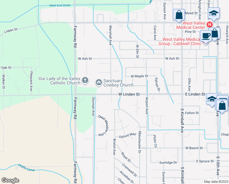 map of restaurants, bars, coffee shops, grocery stores, and more near 820 West Linden Street in Caldwell