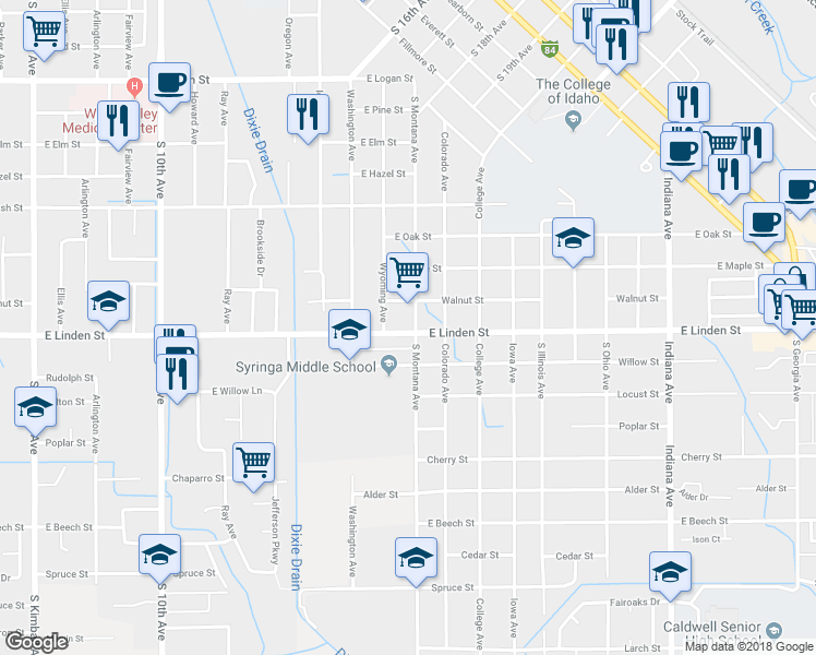 map of restaurants, bars, coffee shops, grocery stores, and more near 2422 South Montana Avenue in Caldwell