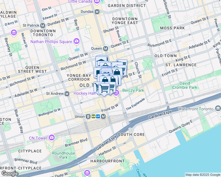 map of restaurants, bars, coffee shops, grocery stores, and more near 1 King Street West in Toronto