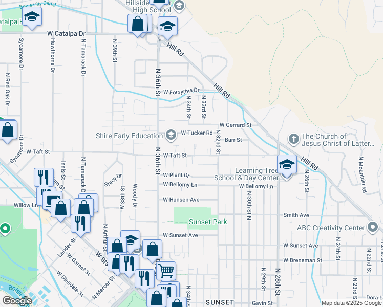 map of restaurants, bars, coffee shops, grocery stores, and more near 3161 North 33rd Street in Boise