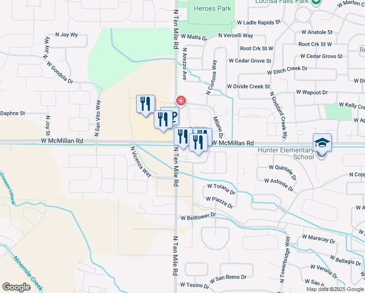 map of restaurants, bars, coffee shops, grocery stores, and more near 10 North Nola Road in Meridian