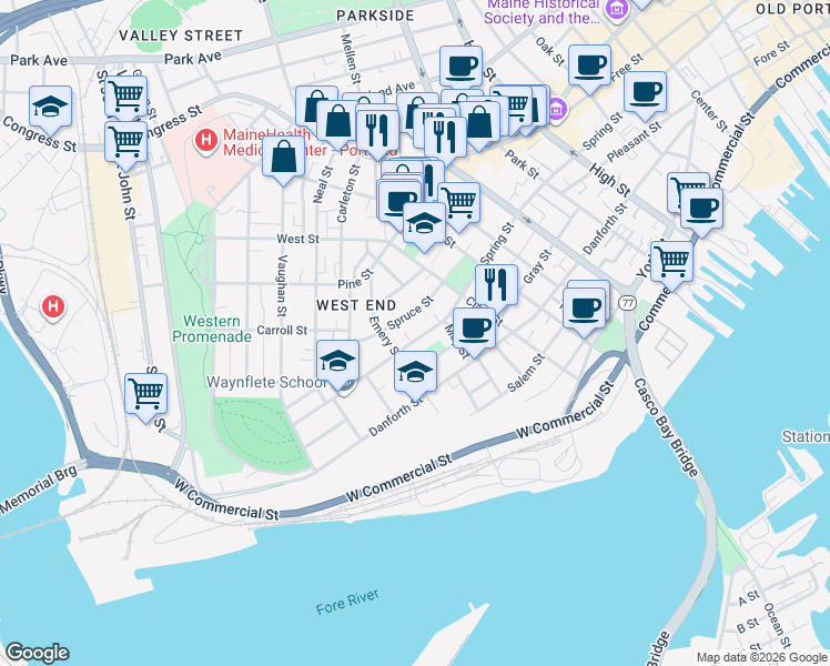 map of restaurants, bars, coffee shops, grocery stores, and more near 271 Spring Street in Portland