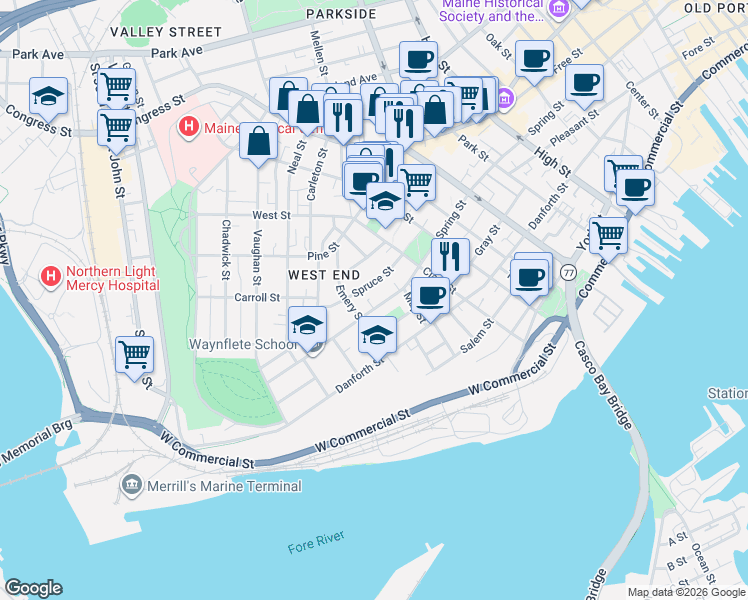 map of restaurants, bars, coffee shops, grocery stores, and more near 271 Spring Street in Portland