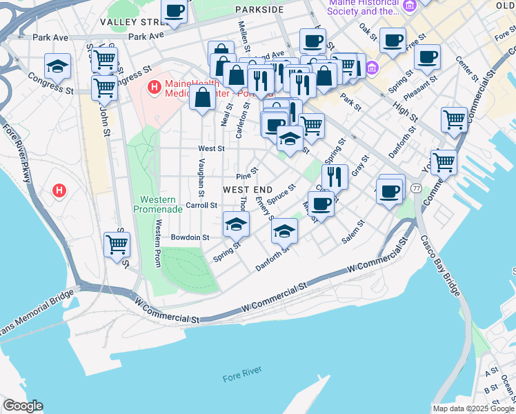 map of restaurants, bars, coffee shops, grocery stores, and more near 83 Spruce Street in Portland