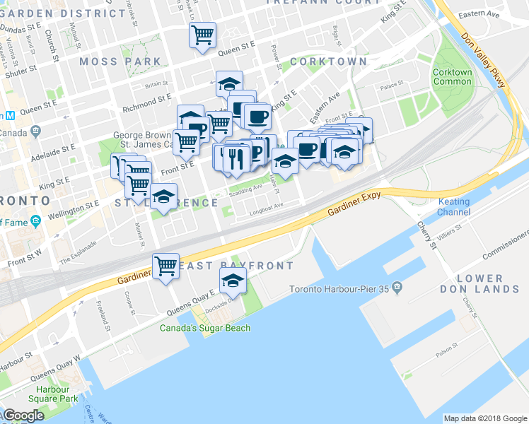 map of restaurants, bars, coffee shops, grocery stores, and more near in Toronto
