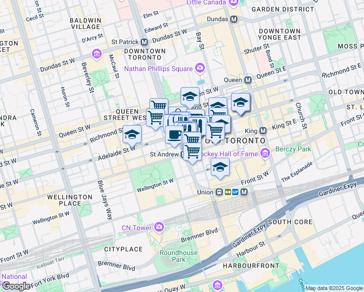 map of restaurants, bars, coffee shops, grocery stores, and more near in Toronto