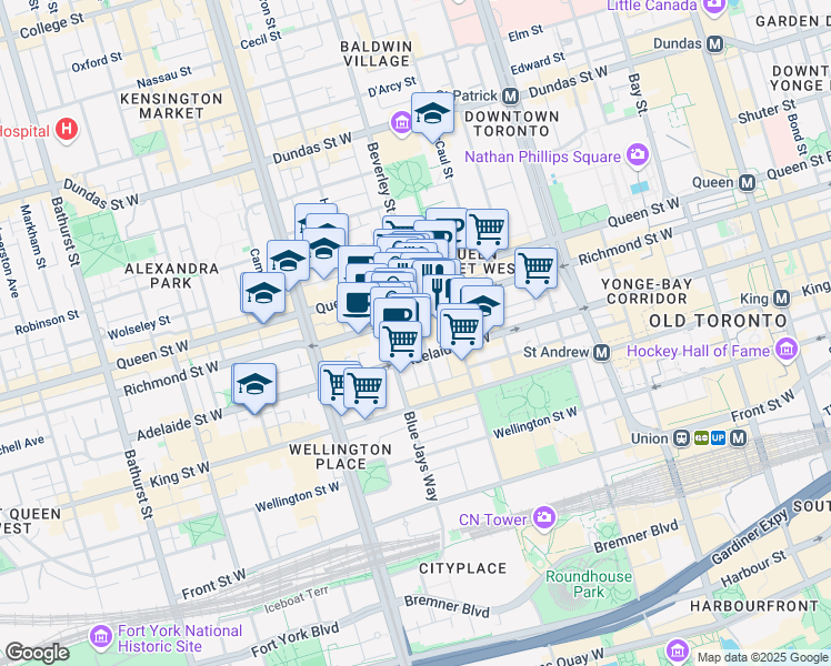 map of restaurants, bars, coffee shops, grocery stores, and more near in Toronto