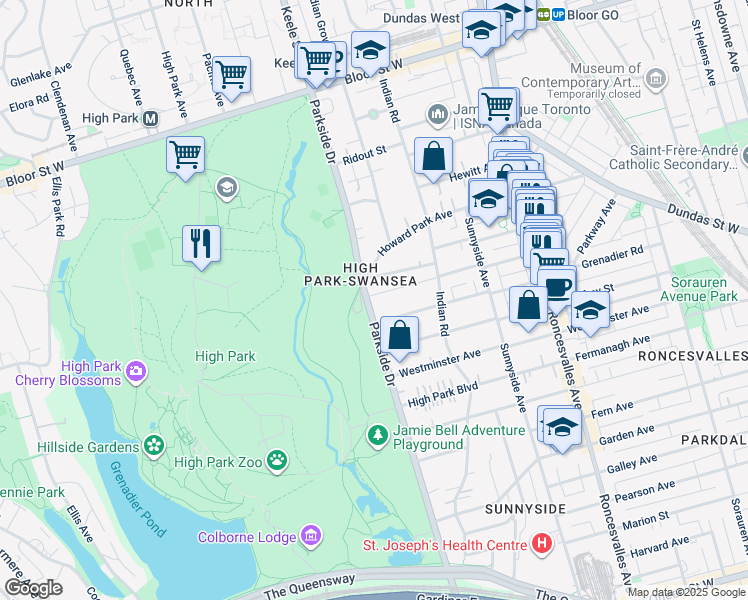 map of restaurants, bars, coffee shops, grocery stores, and more near in Toronto