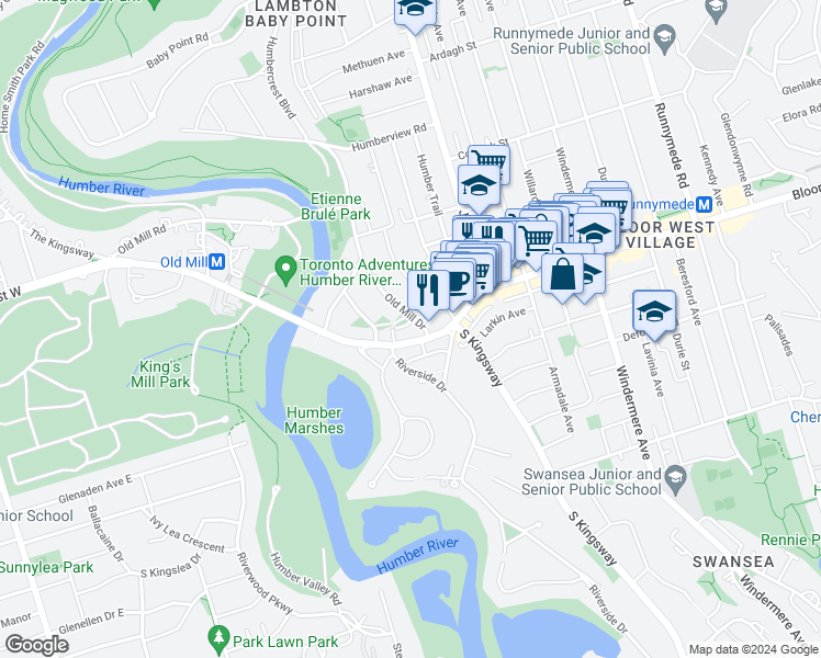 map of restaurants, bars, coffee shops, grocery stores, and more near 28 Old Mill Drive in Toronto
