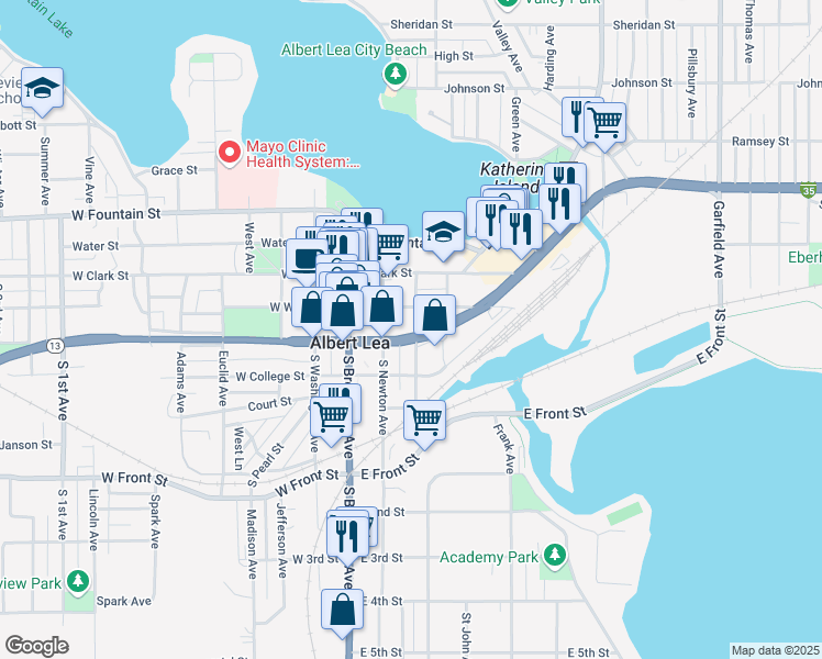 map of restaurants, bars, coffee shops, grocery stores, and more near 205 Elizabeth Avenue in Albert Lea