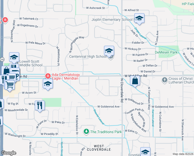 map of restaurants, bars, coffee shops, grocery stores, and more near 12518 West Avanti Drive in Boise
