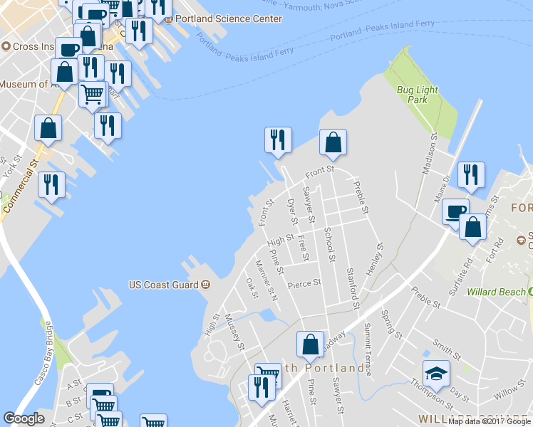 map of restaurants, bars, coffee shops, grocery stores, and more near 8 Pine Street in South Portland