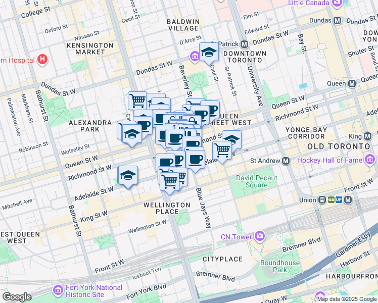 map of restaurants, bars, coffee shops, grocery stores, and more near 125 Peter Street in Toronto