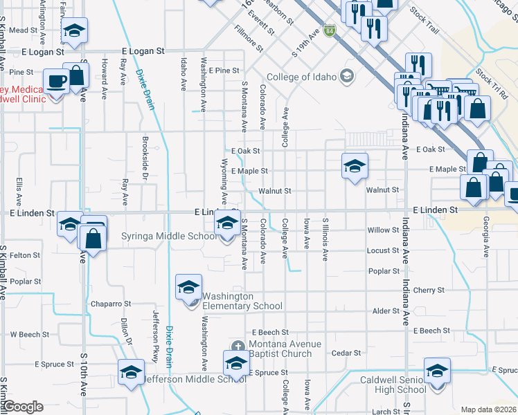 map of restaurants, bars, coffee shops, grocery stores, and more near 1321 East Linden Street in Caldwell