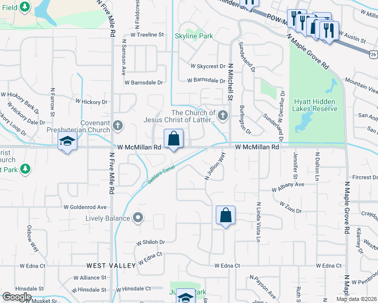 map of restaurants, bars, coffee shops, grocery stores, and more near 10009 West McMillan Road in Boise