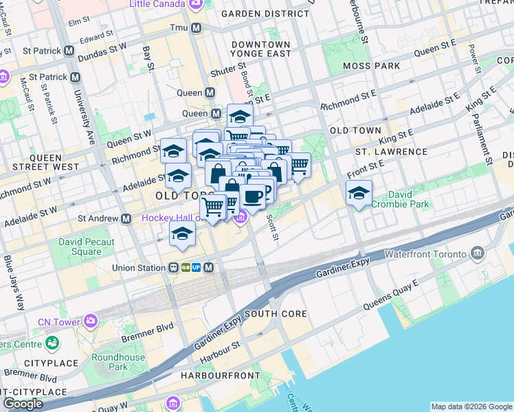 map of restaurants, bars, coffee shops, grocery stores, and more near in Toronto
