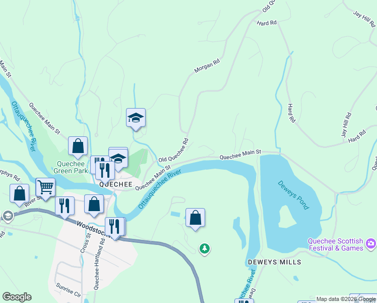 map of restaurants, bars, coffee shops, grocery stores, and more near 253 Old Quechee Road in Hartford