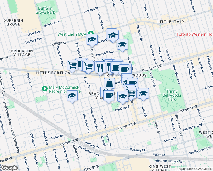 map of restaurants, bars, coffee shops, grocery stores, and more near 16 Skey Lane in Toronto