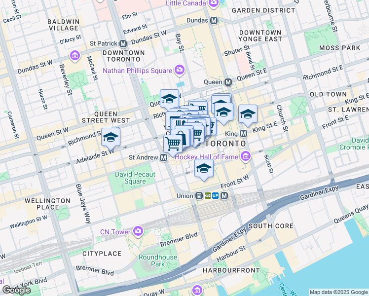 map of restaurants, bars, coffee shops, grocery stores, and more near 120 King Street West in Toronto