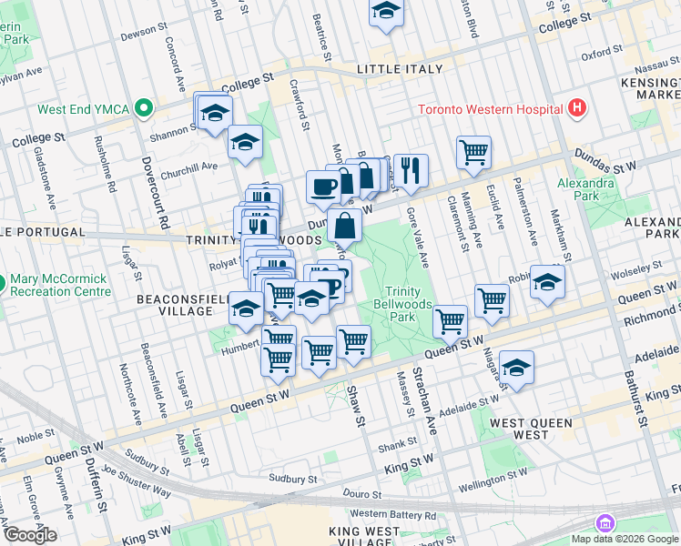 map of restaurants, bars, coffee shops, grocery stores, and more near 217 Crawford Street in Toronto