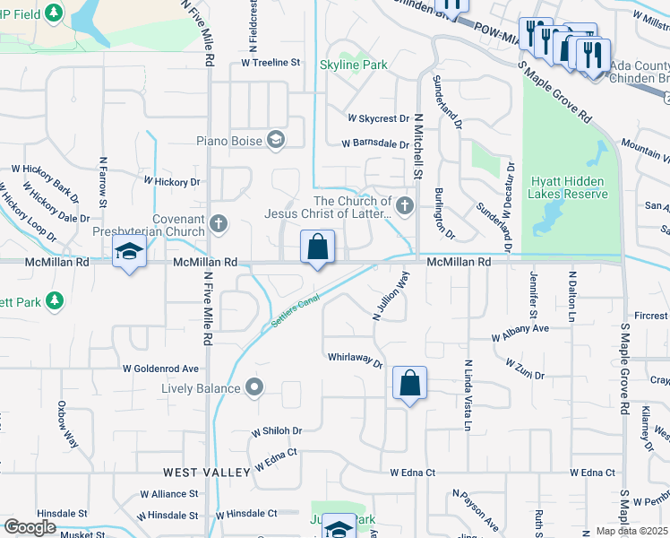 map of restaurants, bars, coffee shops, grocery stores, and more near 10121 West McMillan Road in Boise