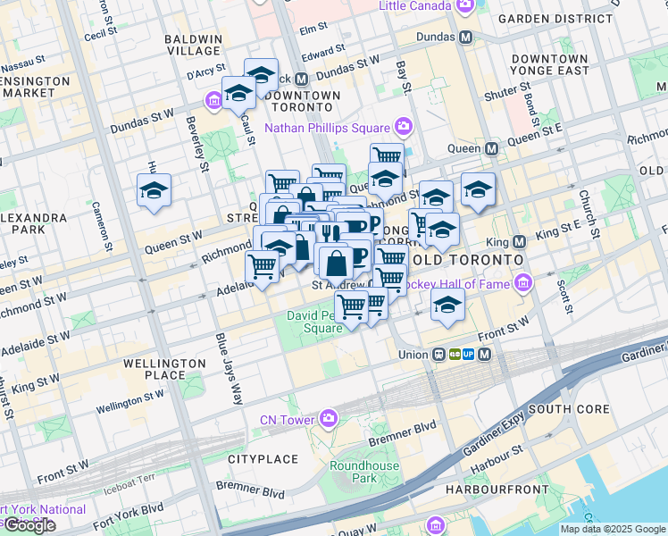 map of restaurants, bars, coffee shops, grocery stores, and more near 100 Simcoe Street in Toronto