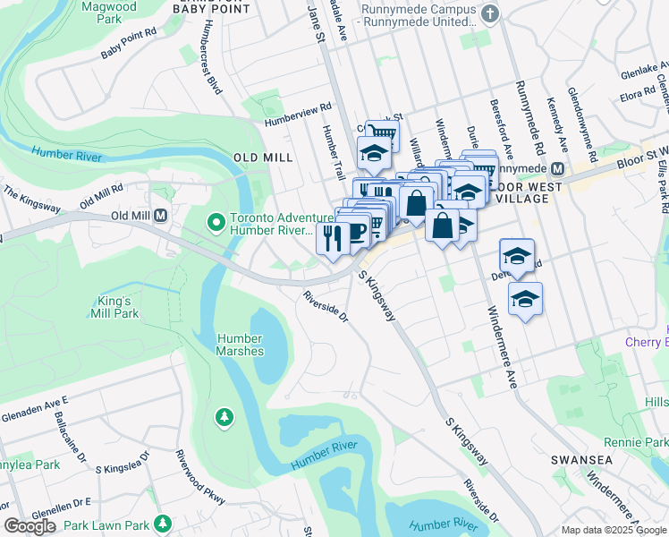 map of restaurants, bars, coffee shops, grocery stores, and more near 1 Old Mill Drive in Toronto