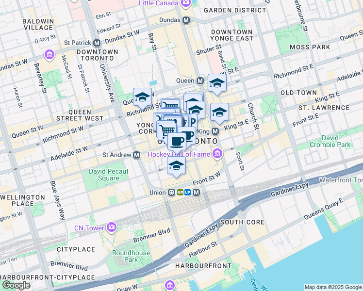 map of restaurants, bars, coffee shops, grocery stores, and more near 66 Wellington Street West in Toronto